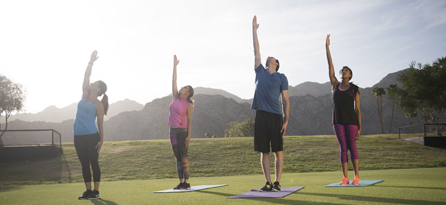 Group of 4 people on yoga mats stretching towards the sky